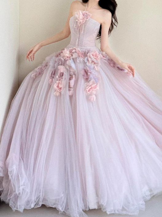 Sweet 16 Dress Lavender Halter Strapless 3D Colorful Floral Tulle Puffy Ball Gown