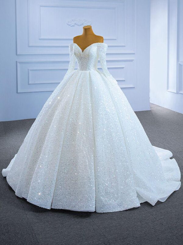 Dreamy Full Rhinestone Off Shoulder Long Sleeve Glitter Tulle Wedding Ball Gown