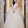 Off Shoulder Fold Satin Corset Floral Embroidery Tulle Ball Gown Wedding Dress Romantic Ivory Bridal Gown With Train