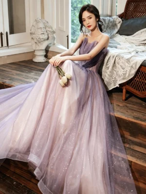 Sweet 16 Dress Ombre Lavender Pink Strapless Glitter Tulle A Line Floor Length Formal Gown