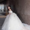 Off Shoulder Fold Satin Corset Floral Embroidery Tulle Ball Gown Wedding Dress Romantic Ivory Bridal Gown With Train