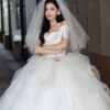 Off Shoulder Fold Satin Corset Floral Embroidery Tulle Ball Gown Wedding Dress Romantic Ivory Bridal Gown With Train