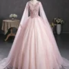 Sweet 16 Dress Blush Pink Long Sheer Cape Sleeve Lace Beaded Glitter Tulle Ball Gown