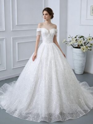 Off Shoulder Fringe Tassel Sweetheart All Over Sequin Glitter Tulle Ball Gown Wedding Dress Ivory Sparkly Bridal Gown With Chapel Train