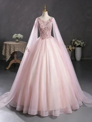 Sweet 16 Dress Blush Pink Long Sheer Cape Sleeve Lace Beaded Glitter Tulle Ball Gown