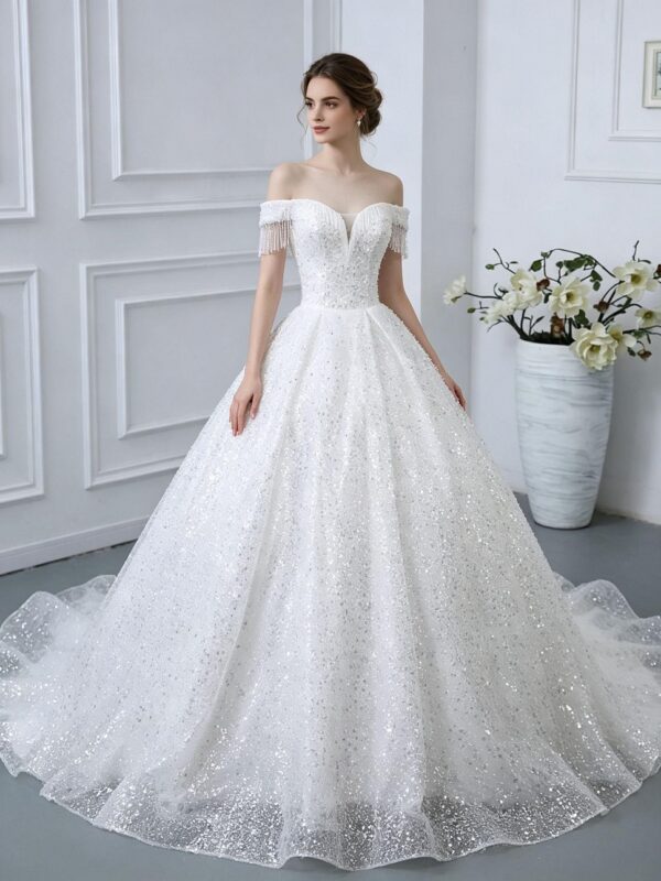 Off Shoulder Fringe Tassel Sweetheart All Over Sequin Glitter Tulle Ball Gown Wedding Dress Ivory Sparkly Bridal Gown With Chapel Train