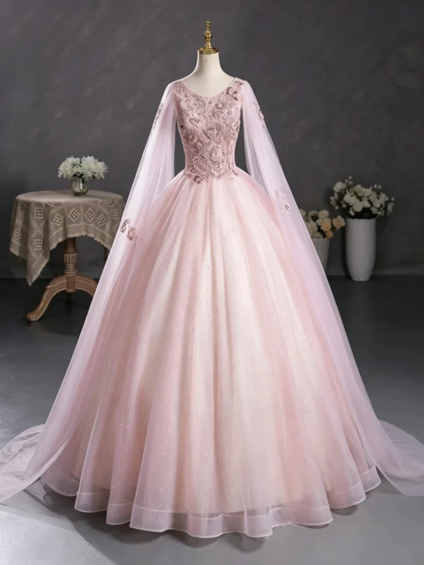 Sweet 16 Dress Blush Pink Long Sheer Cape Sleeve Lace Beaded Glitter Tulle Ball Gown