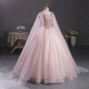 Sweet 16 Dress Blush Pink Long Sheer Cape Sleeve Lace Beaded Glitter Tulle Ball Gown