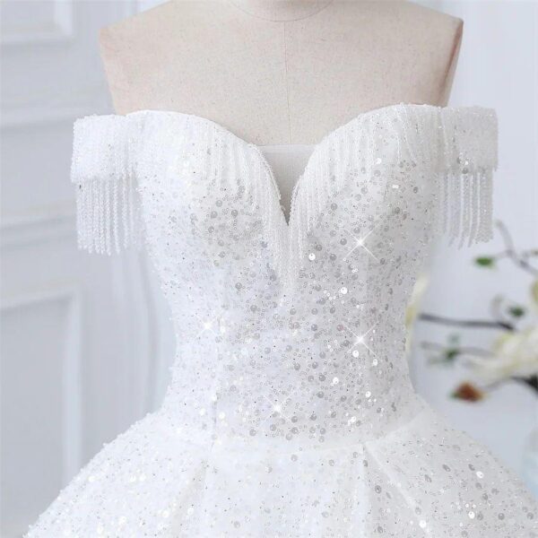 Off Shoulder Fringe Tassel Sweetheart All Over Sequin Glitter Tulle Ball Gown Wedding Dress Ivory Sparkly Bridal Gown With Chapel Train