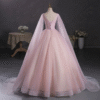 Sweet 16 Dress Blush Pink Long Sheer Cape Sleeve Lace Beaded Glitter Tulle Ball Gown