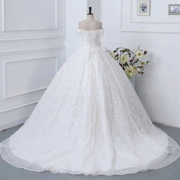 Off Shoulder Fringe Tassel Sweetheart All Over Sequin Glitter Tulle Ball Gown Wedding Dress Ivory Sparkly Bridal Gown With Chapel Train