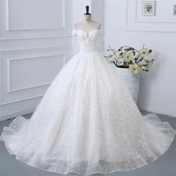 Off Shoulder Fringe Tassel Sweetheart All Over Sequin Glitter Tulle Ball Gown Wedding Dress Ivory Sparkly Bridal Gown With Chapel Train