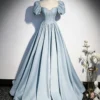 Sweet 16 Dress Dusty Blue Puff Sleeve Sweetheart Corset Satin Ball Gown With Rhinestone Waist