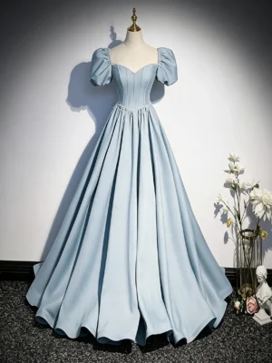 Sweet 16 Dress Dusty Blue Puff Sleeve Sweetheart Corset Satin Ball Gown With Rhinestone Waist