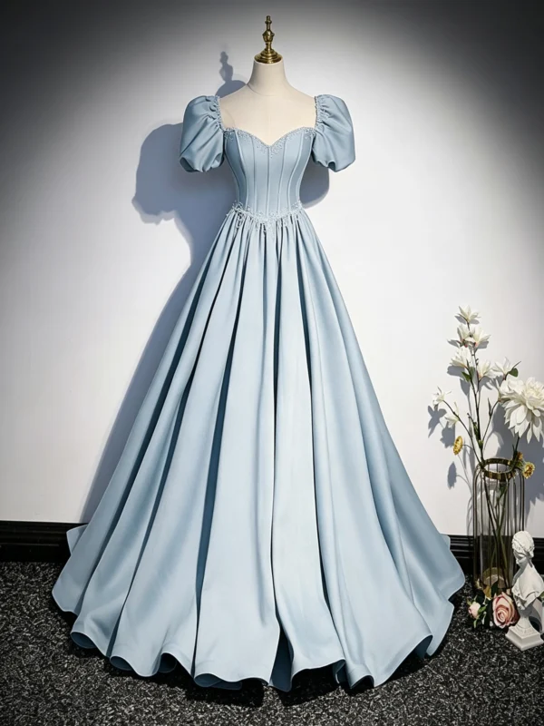 Sweet 16 Dress Dusty Blue Puff Sleeve Sweetheart Corset Satin Ball Gown With Rhinestone Waist