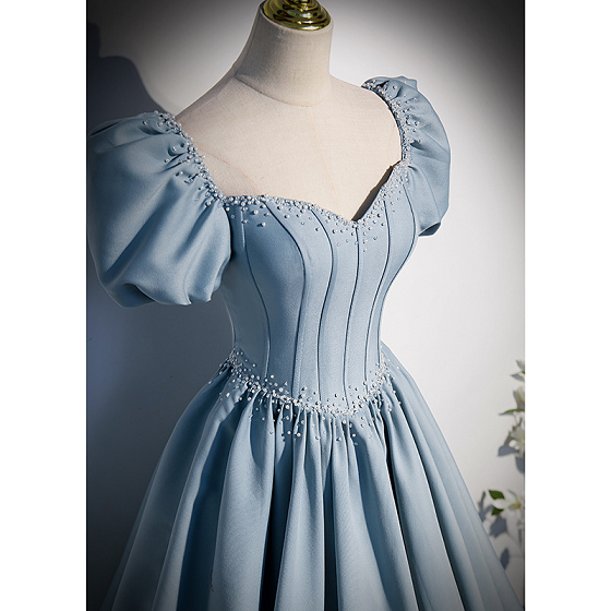 Sweet 16 Dress Dusty Blue Puff Sleeve Sweetheart Corset Satin Ball Gown With Rhinestone Waist