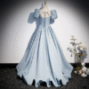 Sweet 16 Dress Dusty Blue Puff Sleeve Sweetheart Corset Satin Ball Gown With Rhinestone Waist