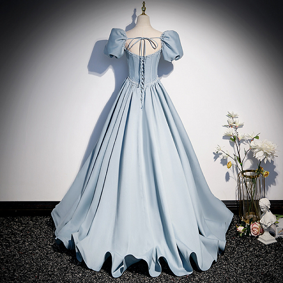 Sweet 16 Dress Dusty Blue Puff Sleeve Sweetheart Corset Satin Ball Gown With Rhinestone Waist
