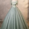 Sweet 16 Dress Sage Green Square Neck Puff Sleeve Bow Satin Corset Tulle Ball Gown