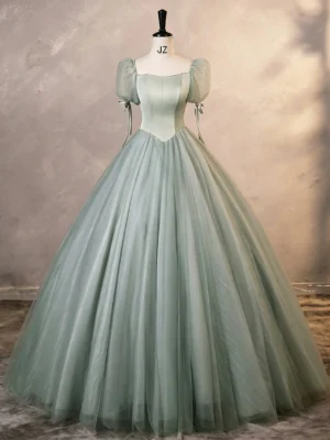 Sweet 16 Dress Sage Green Square Neck Puff Sleeve Bow Satin Corset Tulle Ball Gown