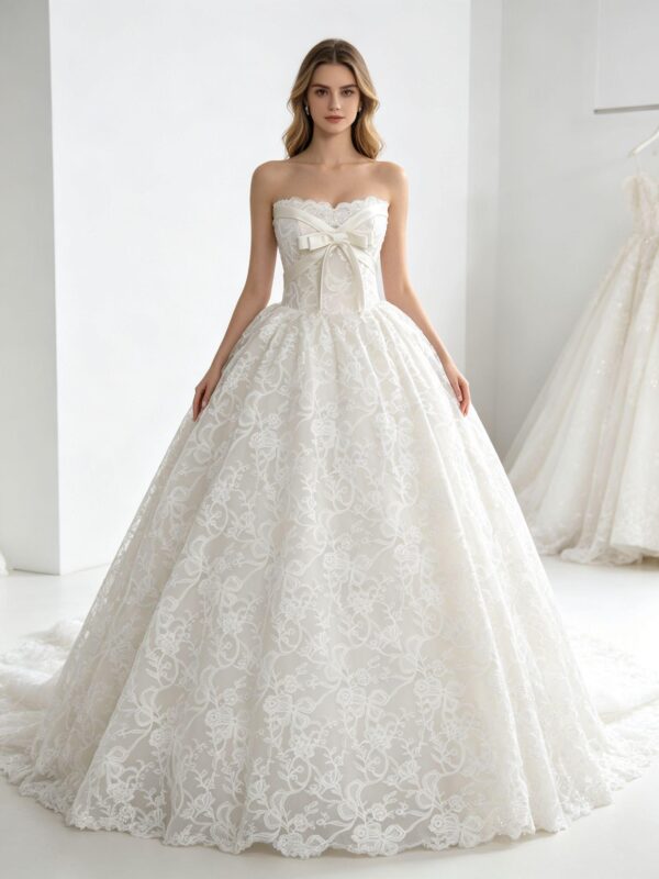 Strapless Scalloped Lace Ball Gown Wedding Dress Satin Cross Waist Big Bow Vintage Ivory Bridal Gown With Train