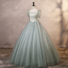 Sweet 16 Dress Sage Green Square Neck Puff Sleeve Bow Satin Corset Tulle Ball Gown