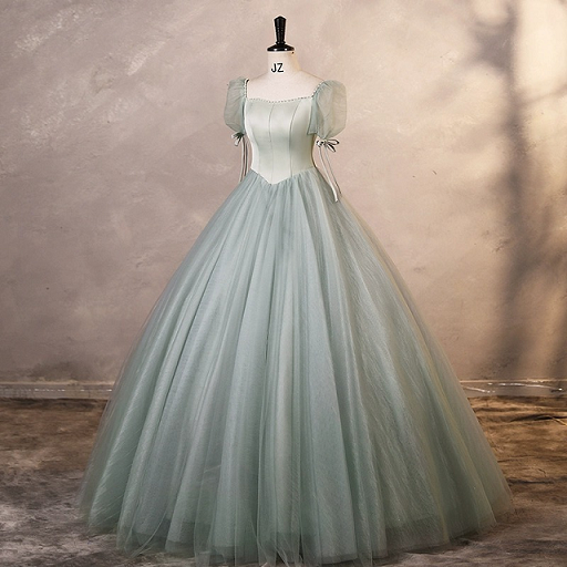 Sweet 16 Dress Sage Green Square Neck Puff Sleeve Bow Satin Corset Tulle Ball Gown