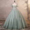 Sweet 16 Dress Sage Green Square Neck Puff Sleeve Bow Satin Corset Tulle Ball Gown