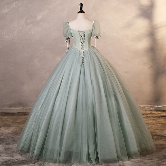 Sweet 16 Dress Sage Green Square Neck Puff Sleeve Bow Satin Corset Tulle Ball Gown