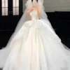 Dreamy White Strapless Big Bow Organza Ball Gown Wedding Dress
