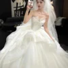 Dreamy White Strapless Big Bow Organza Ball Gown Wedding Dress