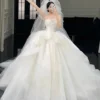 Dreamy White Strapless Big Bow Organza Ball Gown Wedding Dress