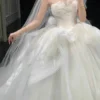 Dreamy White Strapless Big Bow Organza Ball Gown Wedding Dress