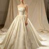 Strapless Draped Satin Ball Gown Wedding Dress Lace Appliques Minimalist Ivory Bridal Gown With Chapel Train