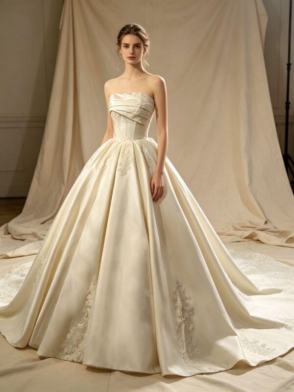 Strapless Draped Satin Ball Gown Wedding Dress Lace Appliques Minimalist Ivory Bridal Gown With Chapel Train