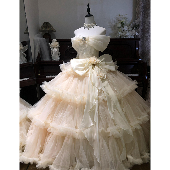 Sweet 16 Dress Cream Off Shoulder Big Bow Floral Beaded Ruffled Tiered Tulle Ball Gown