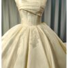 Strapless Draped Satin Ball Gown Wedding Dress Lace Appliques Minimalist Ivory Bridal Gown With Chapel Train