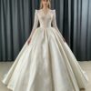 Deep V Long Sleeve Lace Corset Glossy Satin Ball Gown Wedding Dress Minimalist Ivory Bridal Gown With Chapel Train
