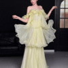 Sweet 16 Dress Pale Yellow Off Shoulder Ruffle Organza Tiered Flowy Maxi Gown