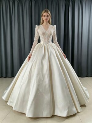 Deep V Long Sleeve Lace Corset Glossy Satin Ball Gown Wedding Dress Minimalist Ivory Bridal Gown With Chapel Train