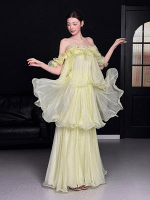 Sweet 16 Dress Pale Yellow Off Shoulder Ruffle Organza Tiered Flowy Maxi Gown