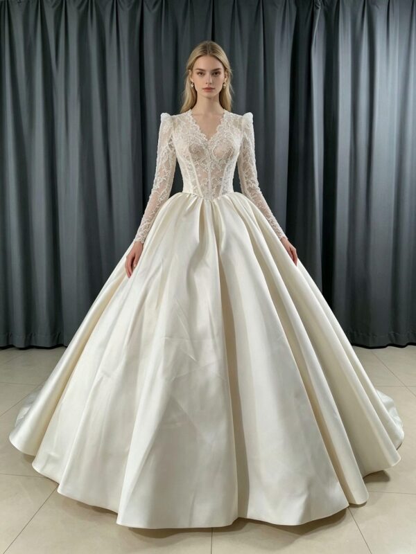 Deep V Long Sleeve Lace Corset Glossy Satin Ball Gown Wedding Dress Minimalist Ivory Bridal Gown With Chapel Train