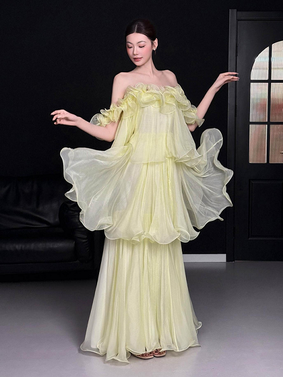 Sweet 16 Dress Pale Yellow Off Shoulder Ruffle Organza Tiered Flowy Maxi Gown