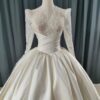 Deep V Long Sleeve Lace Corset Glossy Satin Ball Gown Wedding Dress Minimalist Ivory Bridal Gown With Chapel Train