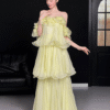 Sweet 16 Dress Pale Yellow Off Shoulder Ruffle Organza Tiered Flowy Maxi Gown