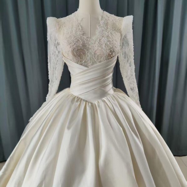 Deep V Long Sleeve Lace Corset Glossy Satin Ball Gown Wedding Dress Minimalist Ivory Bridal Gown With Chapel Train