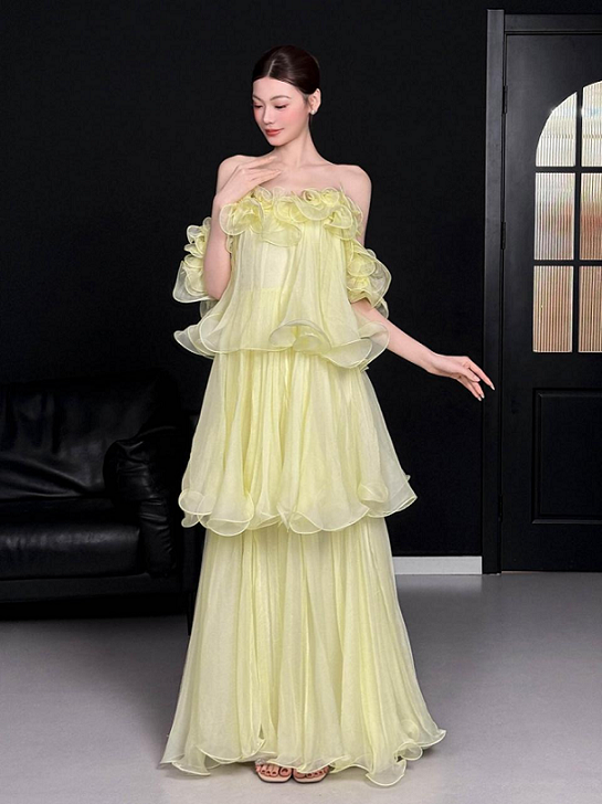 Sweet 16 Dress Pale Yellow Off Shoulder Ruffle Organza Tiered Flowy Maxi Gown