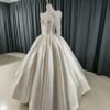 Deep V Long Sleeve Lace Corset Glossy Satin Ball Gown Wedding Dress Minimalist Ivory Bridal Gown With Chapel Train