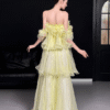 Sweet 16 Dress Pale Yellow Off Shoulder Ruffle Organza Tiered Flowy Maxi Gown