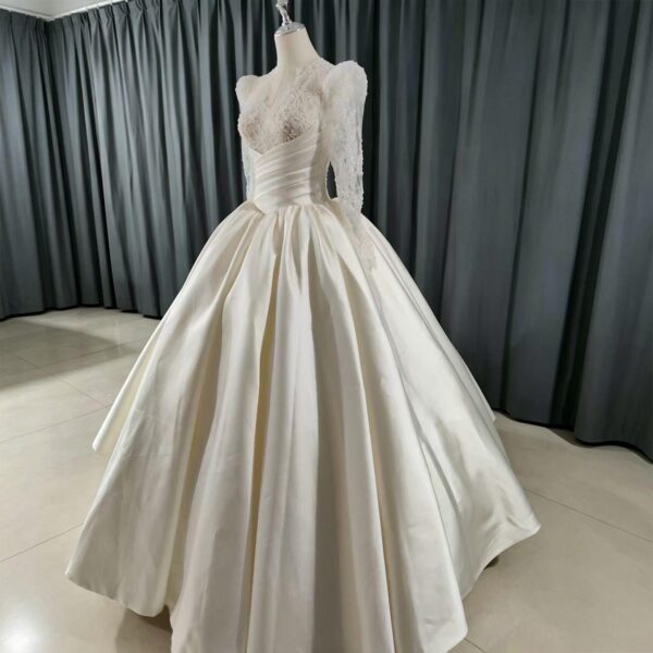 Deep V Long Sleeve Lace Corset Glossy Satin Ball Gown Wedding Dress Minimalist Ivory Bridal Gown With Chapel Train